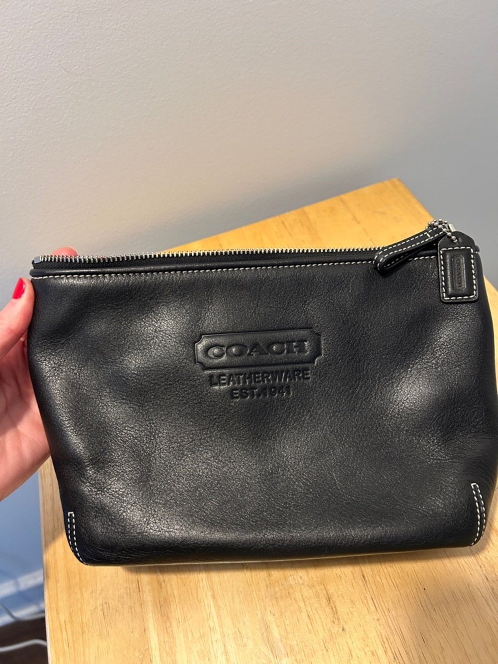 Coach Black Leather Toiletry Pouch with Embossed Logo
